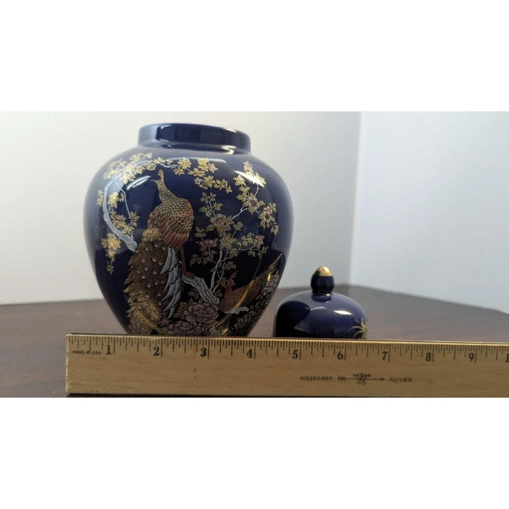 Vintage Shirakabe China Cobalt Blue Ginger Jar Pheasant Gold Gilt Made in Japan